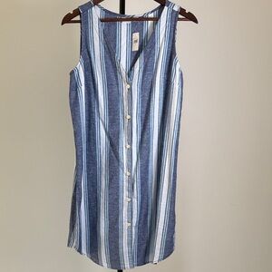 NWT GAP Linen-Blend Striped Sleeveless Button-Front Shift Dress - Blue/White. S